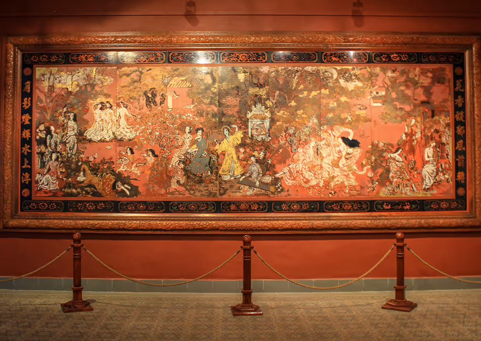 Lacquer painting “Vườn xuân Trung Nam Bắc” by Artist Nguyen Gia Tri (1908-1993) in Fine Arts Museum Ho Chi Minh city