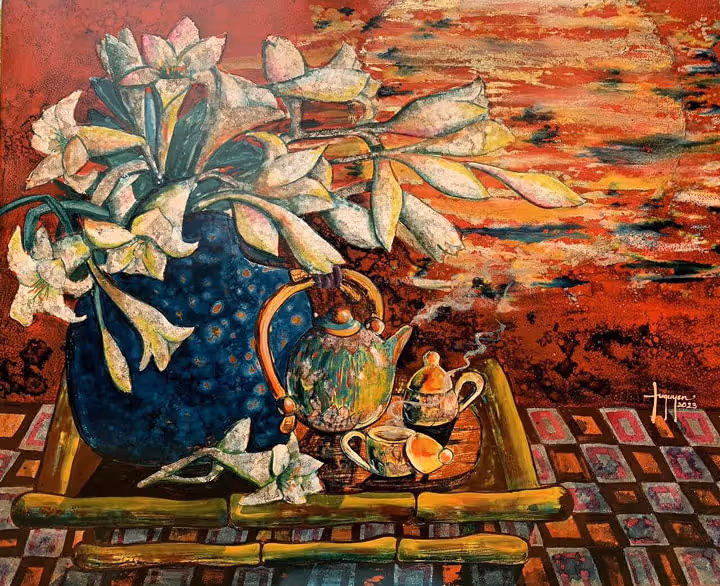 “Tea Party In The Moonlight 1” painting by Artist Nguyen Tu Quyen